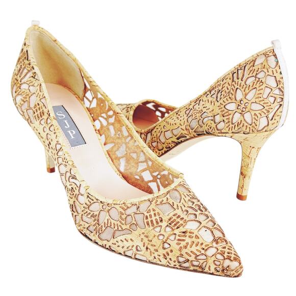 SJP Sarah Jessica Parker Fawn Cork Floral Cutout Stiletto Heels Tan EU 37 US 6.5 - Picture 1 of 11